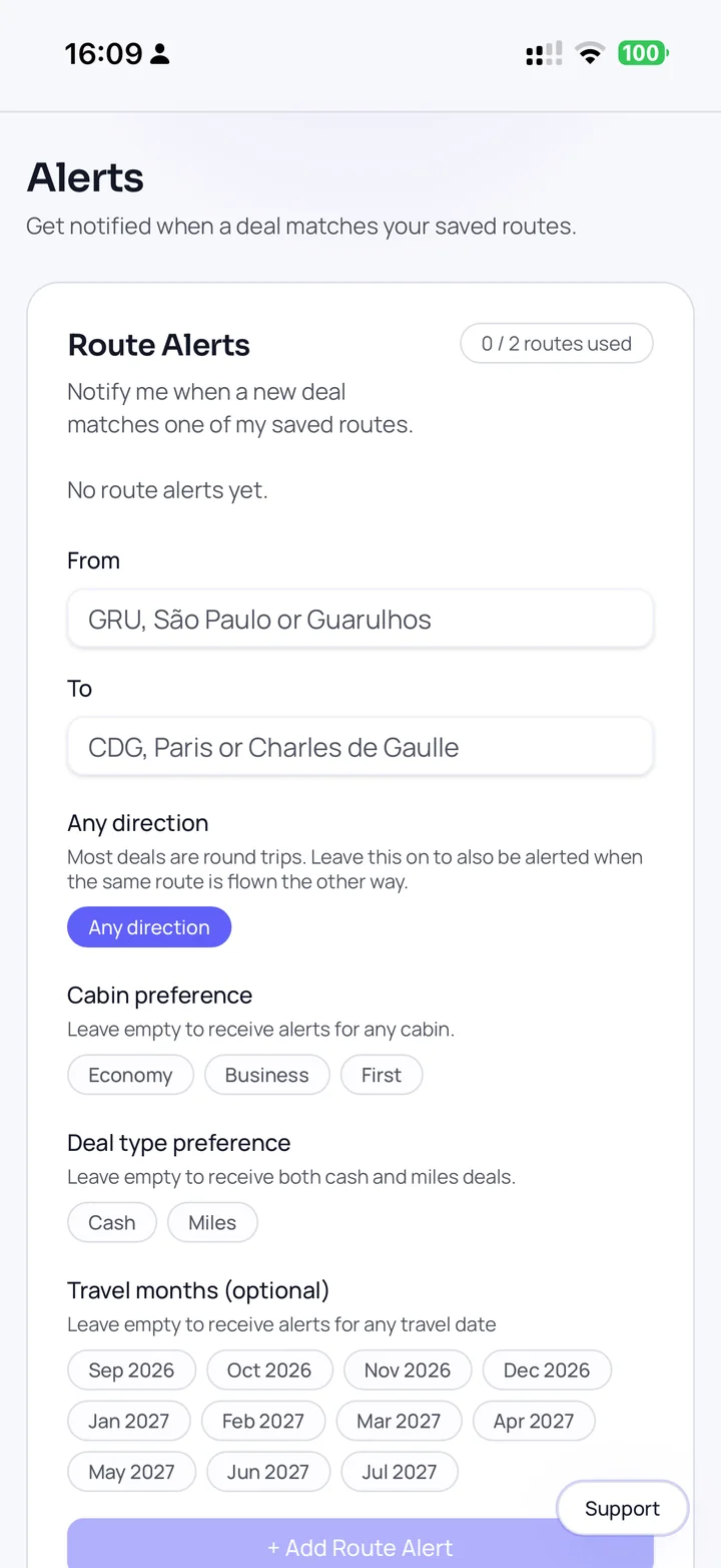 The route alerts screen, with origin, destination, an any-direction toggle, cabin preference, deal type and travel months.