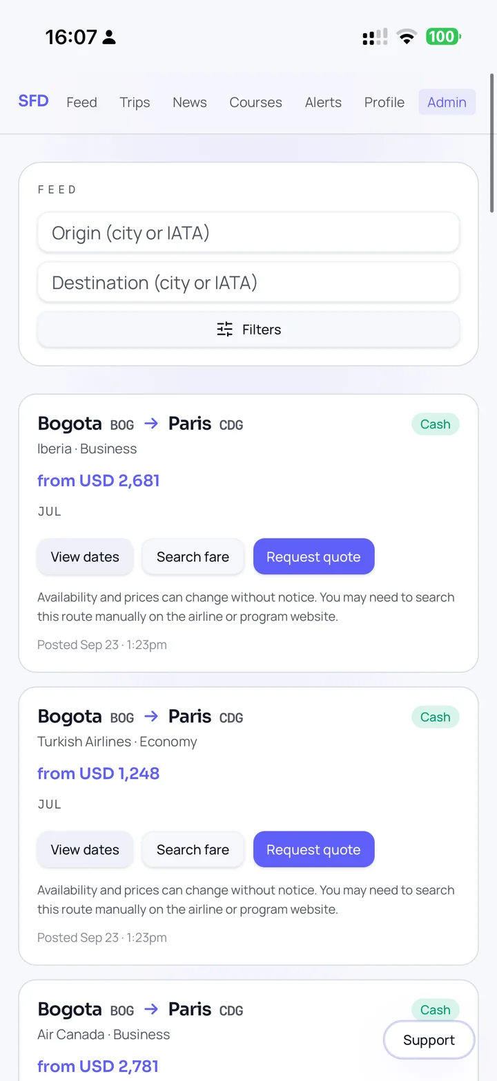 The Secret Flight Deals feed, showing three Bogota to Paris alerts on Iberia, Turkish Airlines and Air Canada.