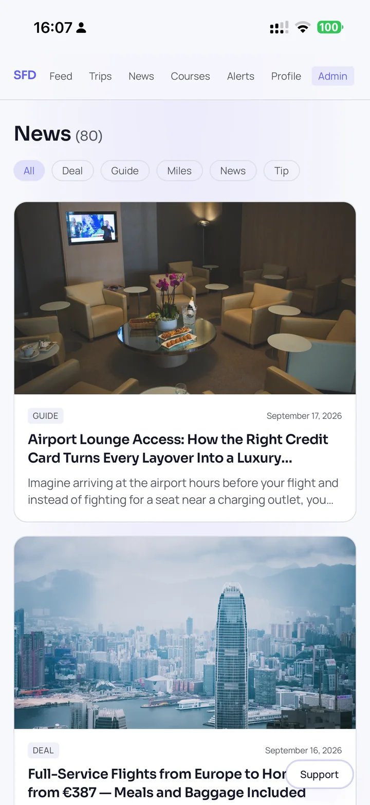 The news screen with 80 articles, filters by type, and two featured pieces about lounge access and a flight deal to Hong Kong.
