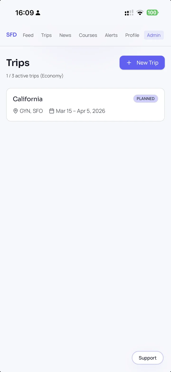 The trips screen showing a trip called California, from GYN to SFO, marked as planned.