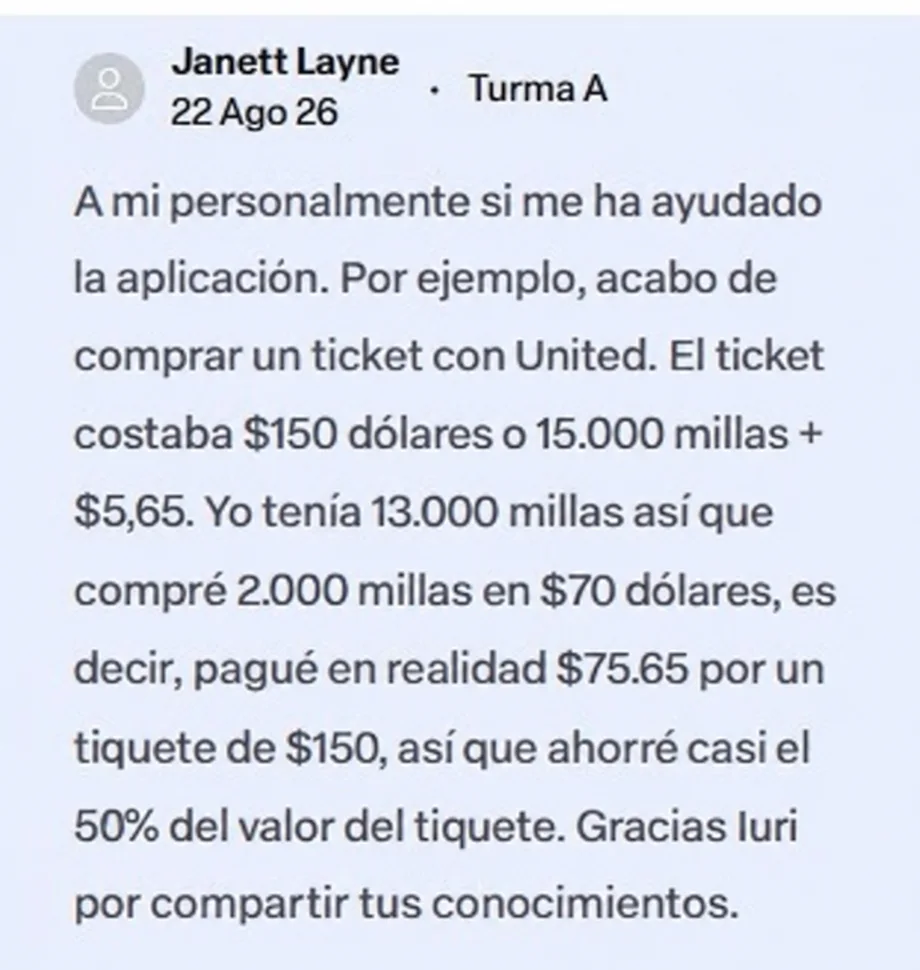 Testimonial from Janett Layne: she bought a United ticket that cost USD 150 or 15,000 miles plus 5.65. She had 13,000 miles, bought 2,000 more for USD 70, and paid 75.65 in total — saving almost 50% of the ticket price.