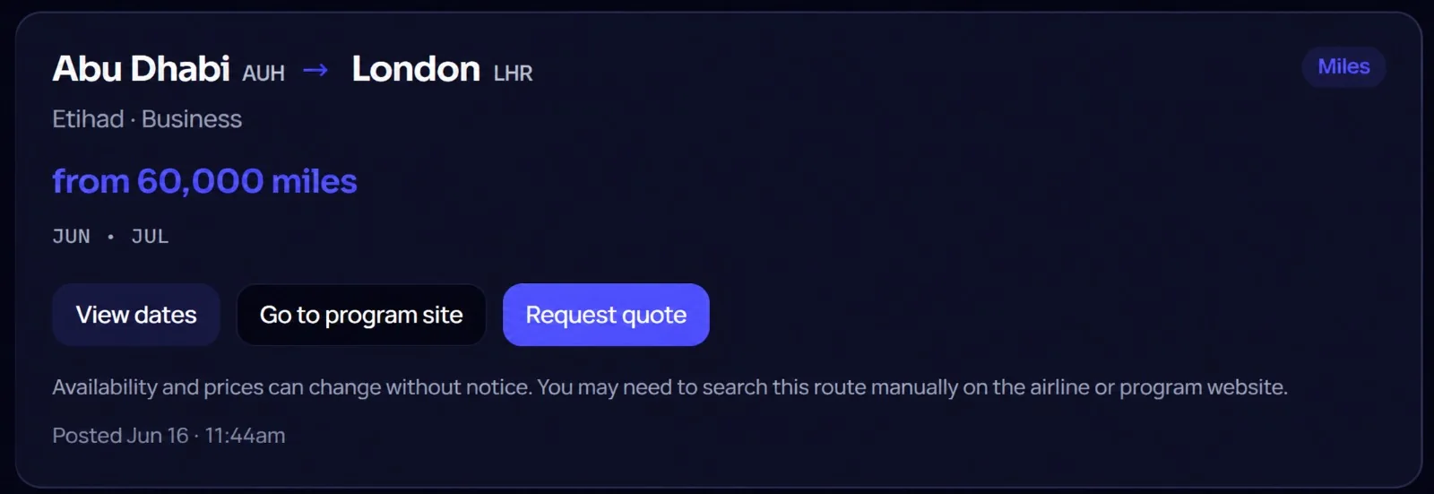 Secret Flight Deals alert: Abu Dhabi AUH to London LHR, Etihad Business, from 60,000 miles, travelling in June or July.
