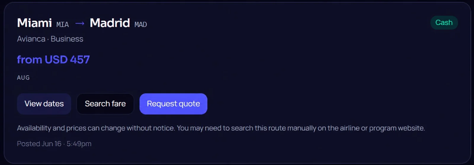 Secret Flight Deals alert: Miami MIA to Madrid MAD, Avianca Business, from USD 457, travelling in August.